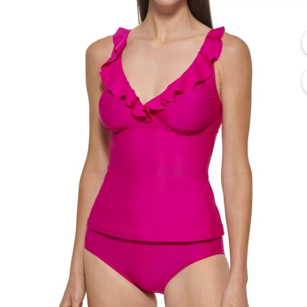 NWT DKNY Hot  Pink Two Piece Swimsuit Ruffle Plunge Large Bikini Tankini V-neck